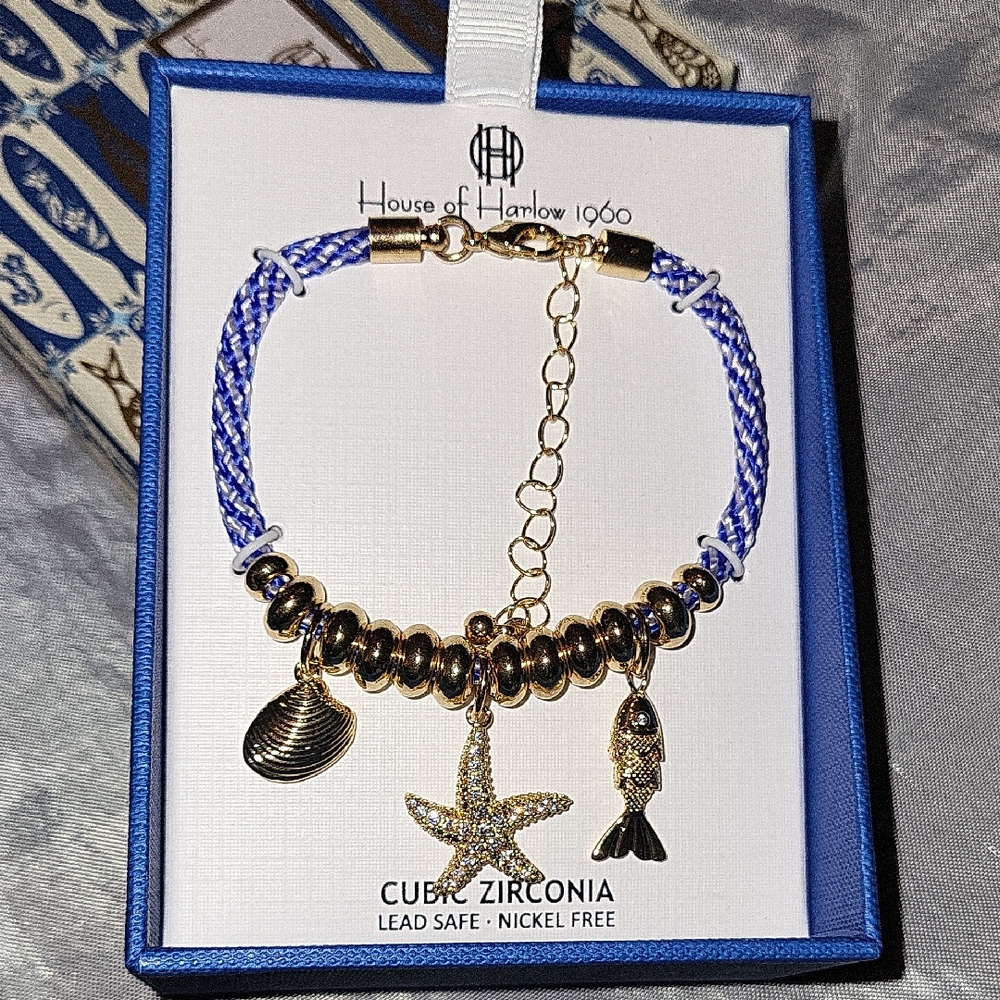 House of Harlow 1960 Gold Sea Charm Bracelet on Blue Cord Bnib Ta Th